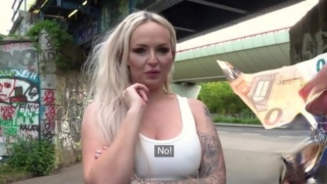 Tattooed blonde slut Louise Lee fucked in the public place