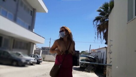 nippleringlover horny milf flashing extreme pierced nipples pierced pussy and sexy ass on public street