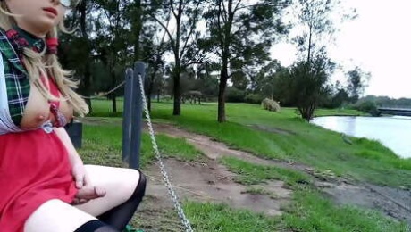 Sissy shemale slut flashing and cumming on a golf course