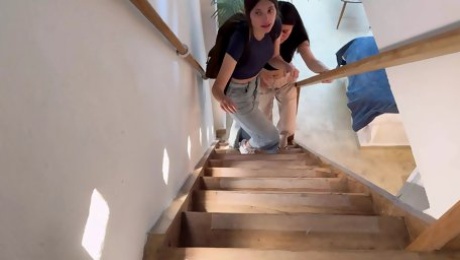 I discover my stepdaughter and her friend fucking on the stairs