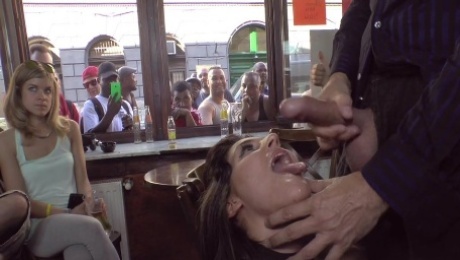 Dark Hair gets facial in public bar